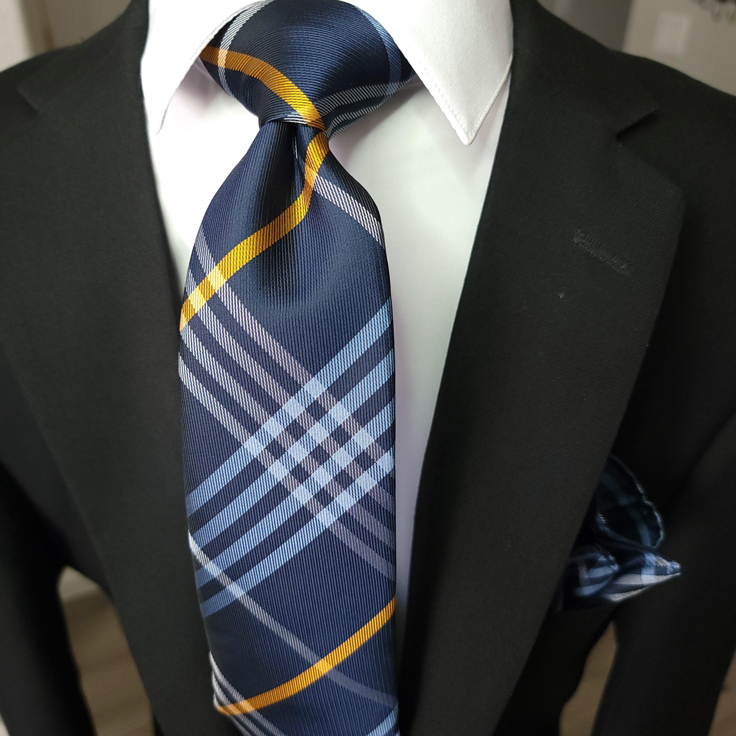 Blue White Plaid Silk Tie Pocket Square Cufflink Set - STYLETIE