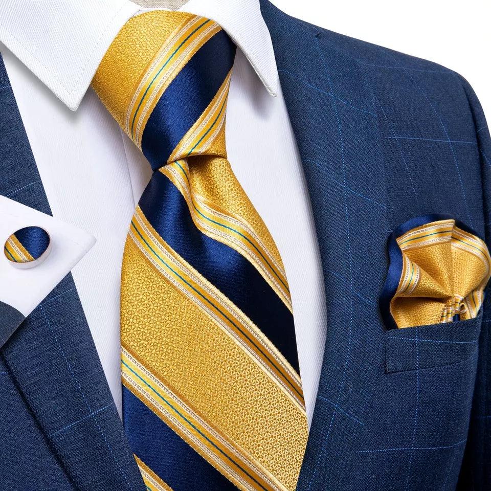 Blue Yellow Striped Silk Tie Pocket Square Cufflinks Set - STYLETIE