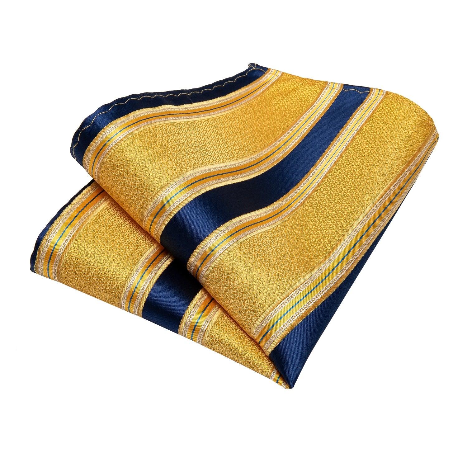 Blue Yellow Striped Silk Tie Pocket Square Cufflinks Set - STYLETIE