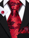 Bright Red Floral Silk Tie Pocket Square Cufflink Set - STYLETIE