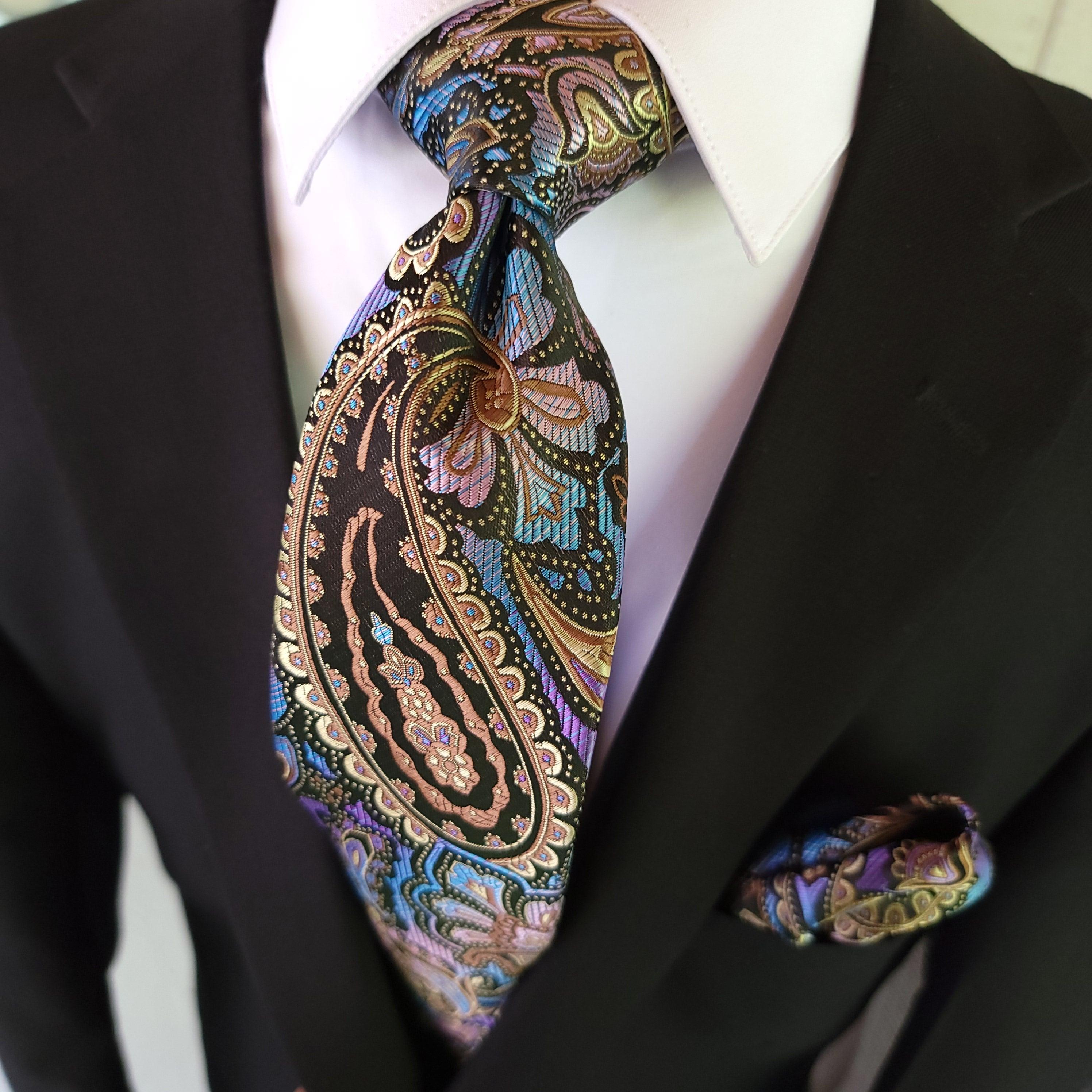 Brown Colorful Paisley Silk Tie Pocket Square Cufflink Set - STYLETIE