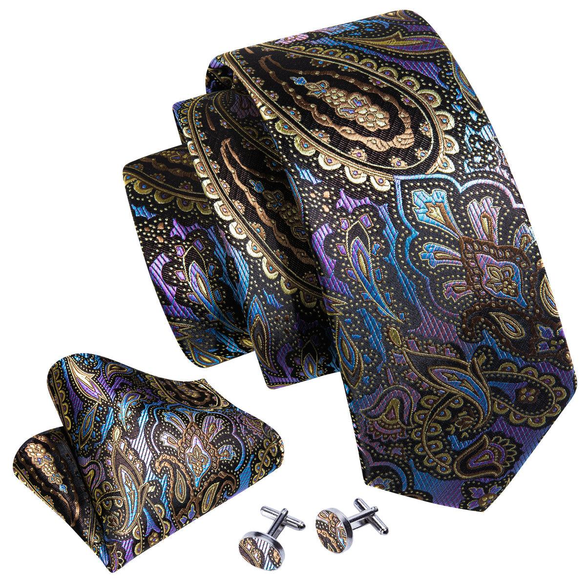 Brown Colorful Paisley Silk Tie Pocket Square Cufflink Set - STYLETIE