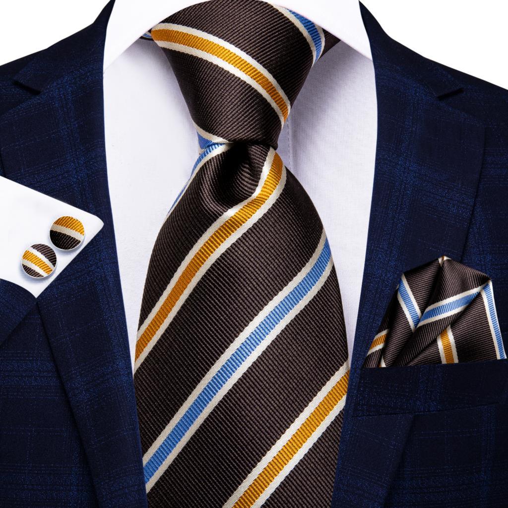 Brown Gold Striped Silk Tie Pocket Square Cufflink Set - STYLETIE
