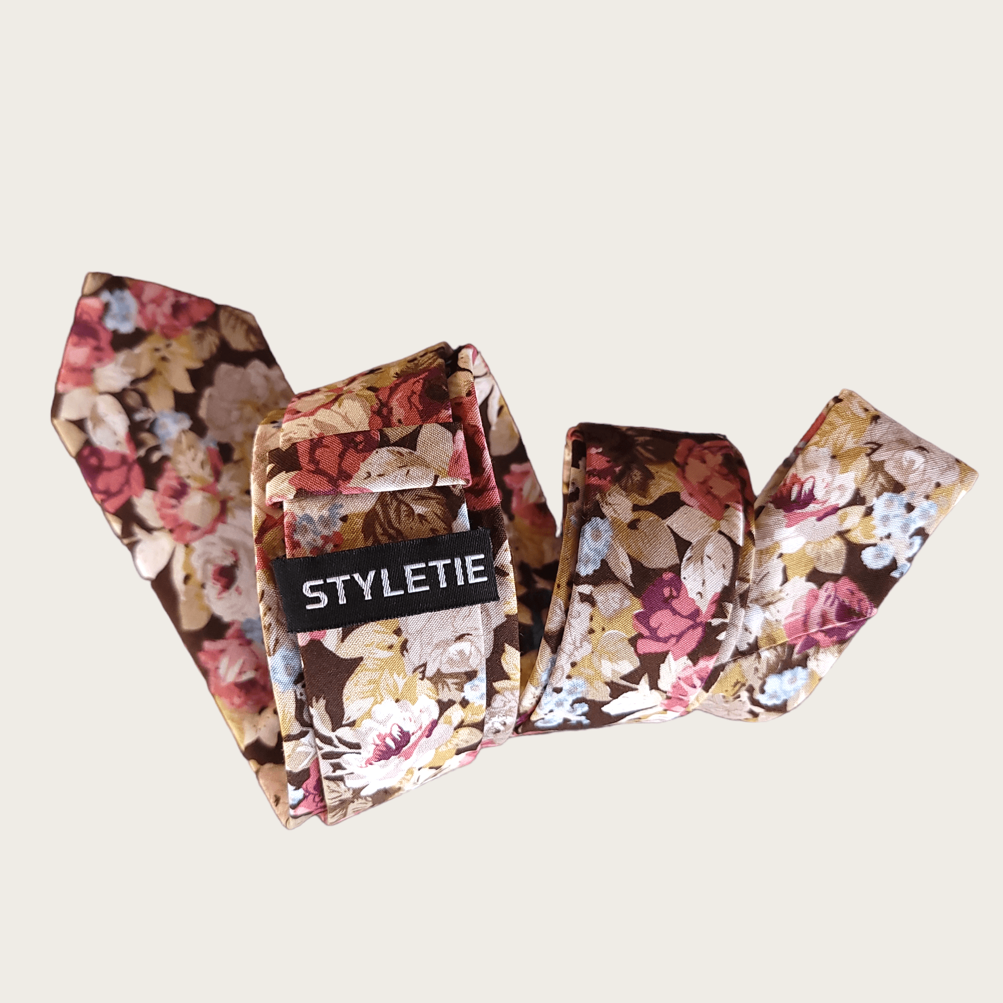 Brown khaki Floral Slim Tie Pocket Square Set - STYLETIE