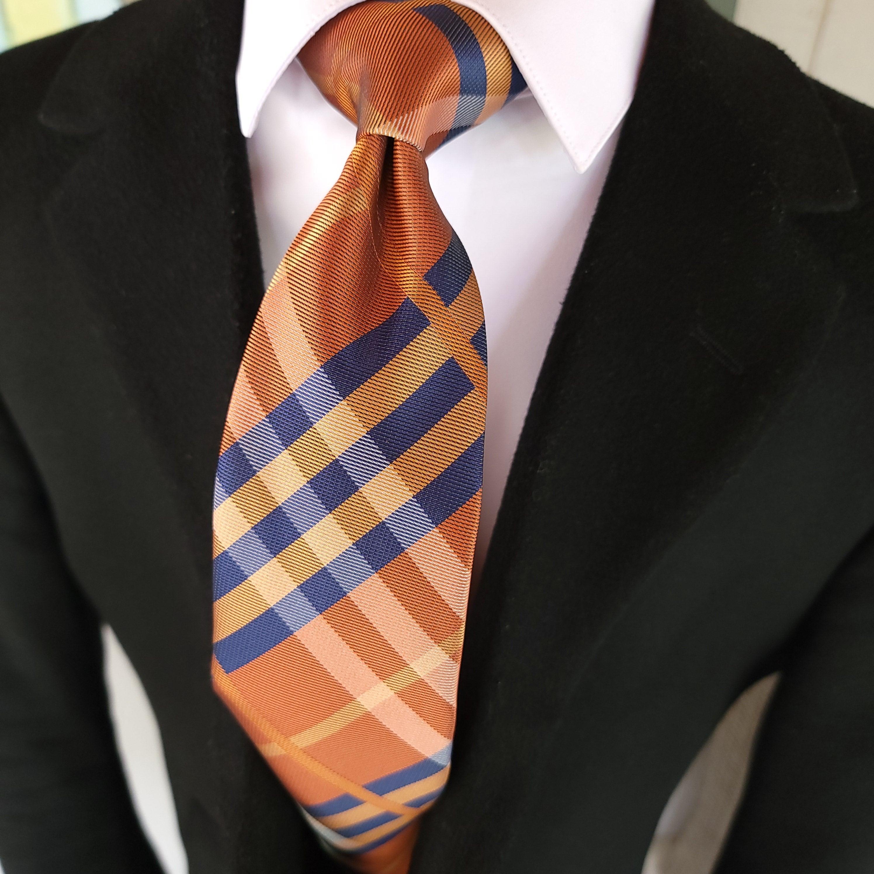 Brown Orange Blue Stripe Silk Tie Pocket Square Cufflink Set - STYLETIE
