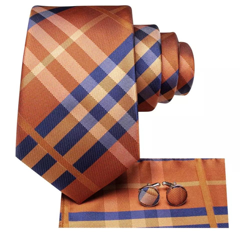 Brown Orange Blue Stripe Silk Tie Pocket Square Cufflink Set - STYLETIE