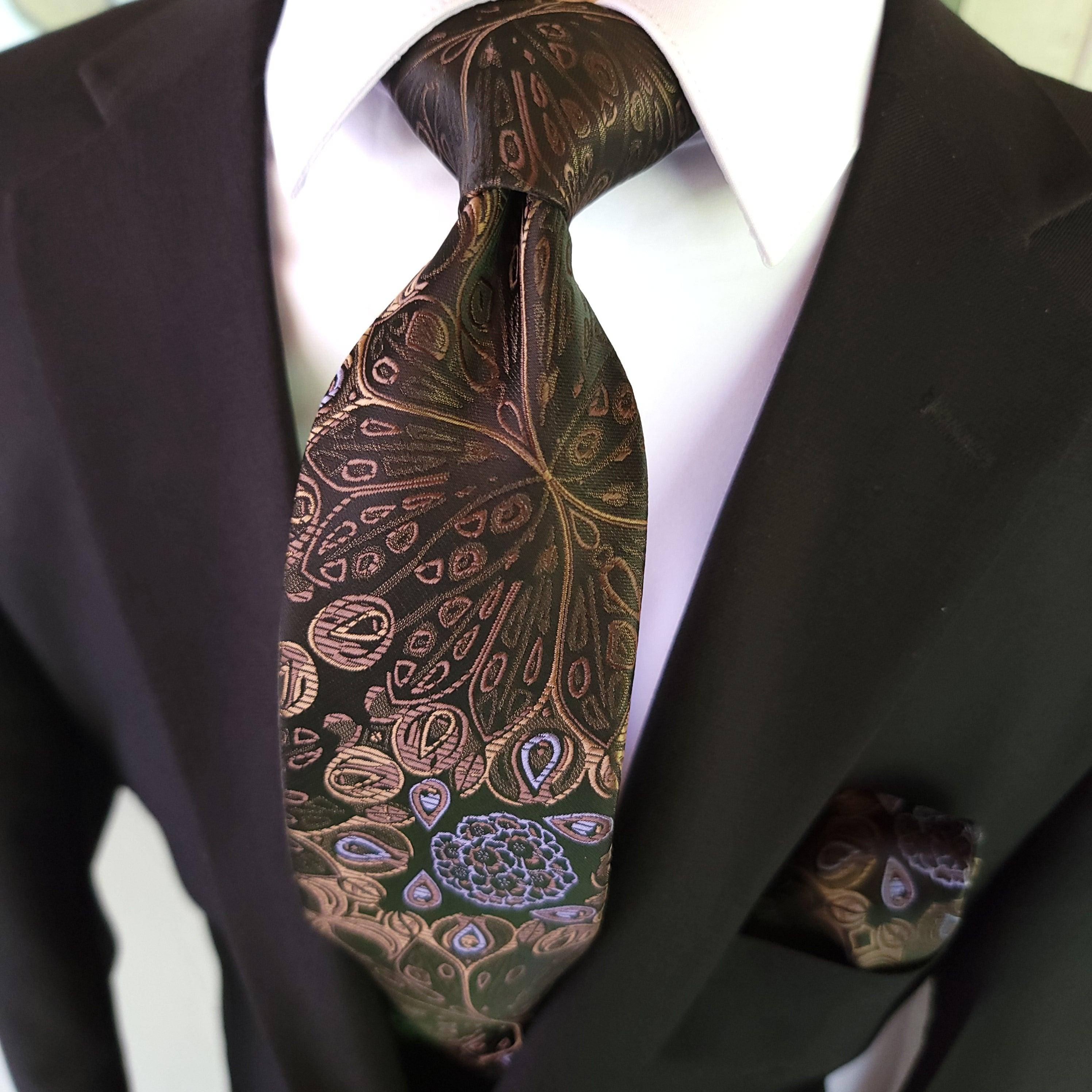 Brown Peacock Silk Tie Pocket Square Cufflink Set - STYLETIE