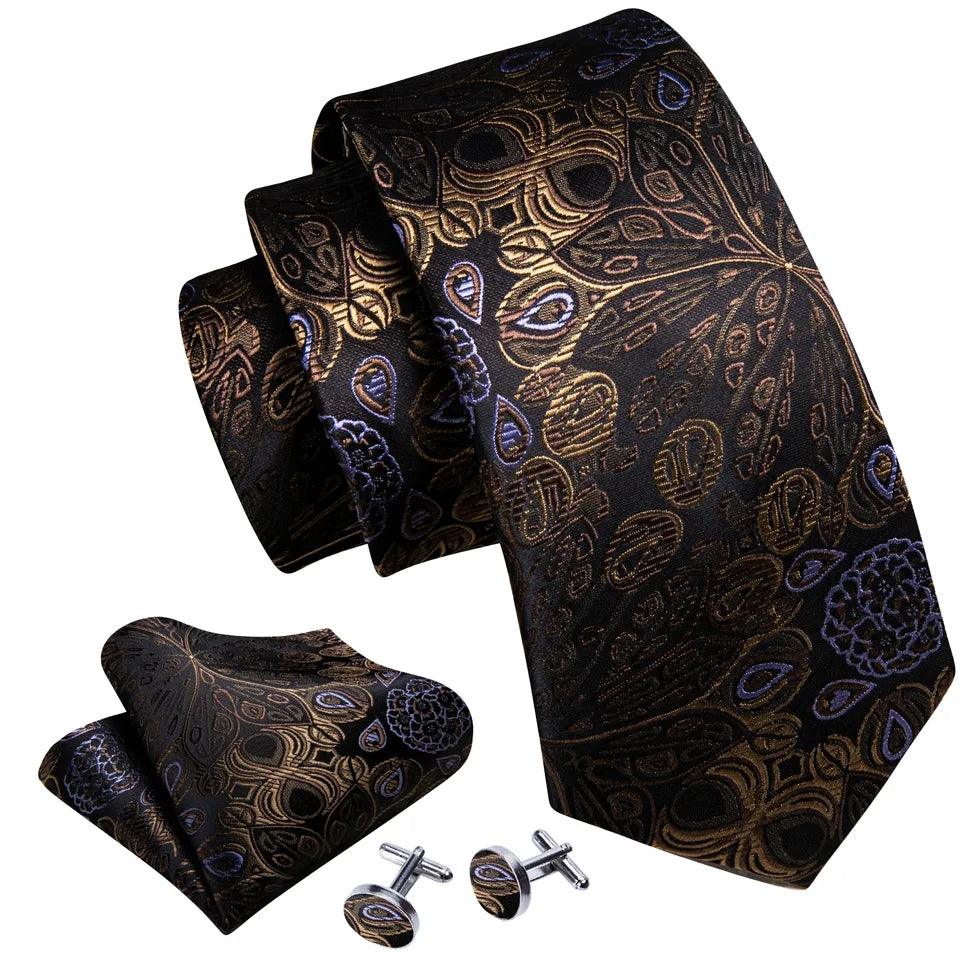 Brown Peacock Silk Tie Pocket Square Cufflink Set - STYLETIE