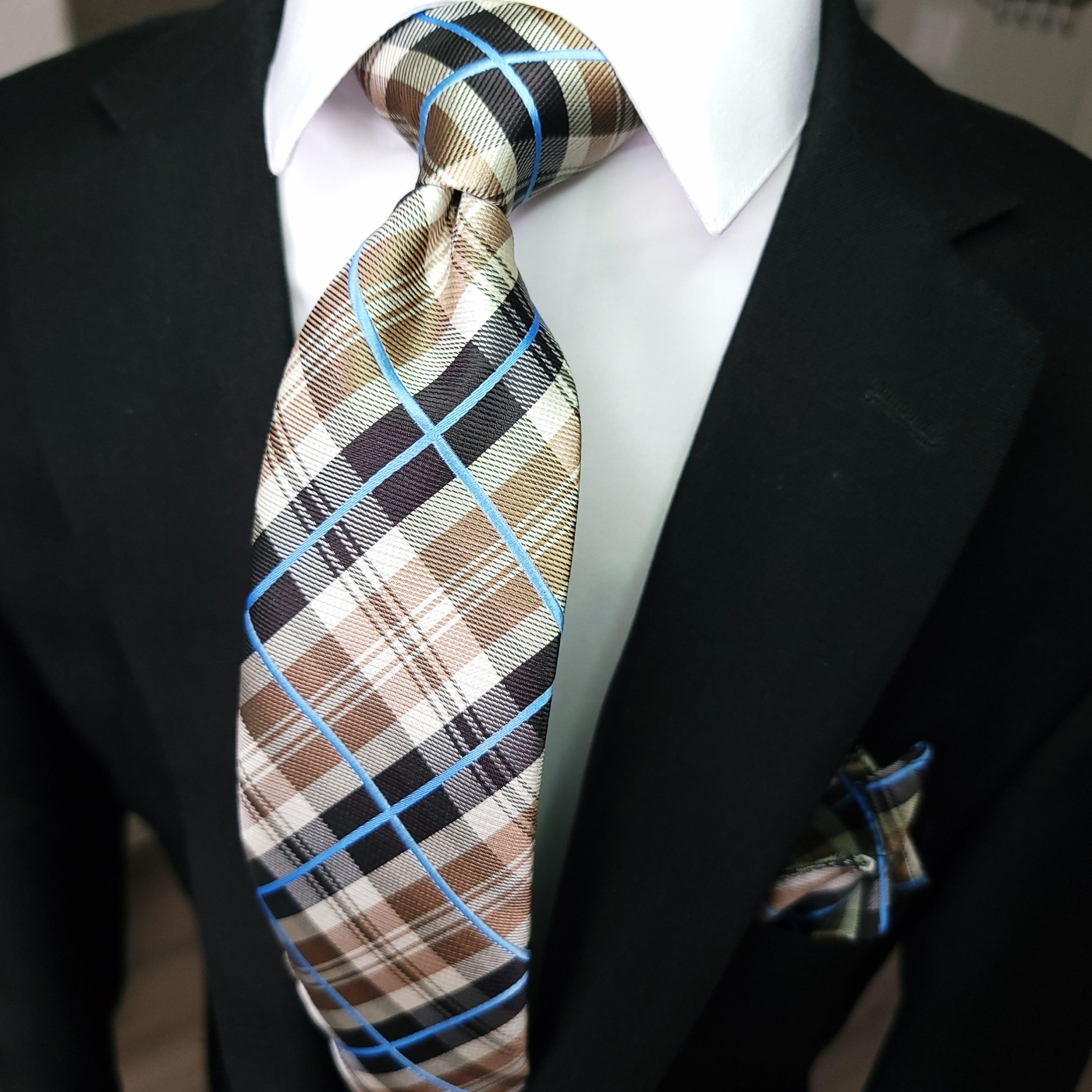 Brown Plaid Silk Tie Pocket Square Cufflink Set jw - STYLETIE