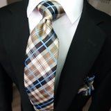 Brown Plaid Silk Tie Pocket Square Cufflink Set jw