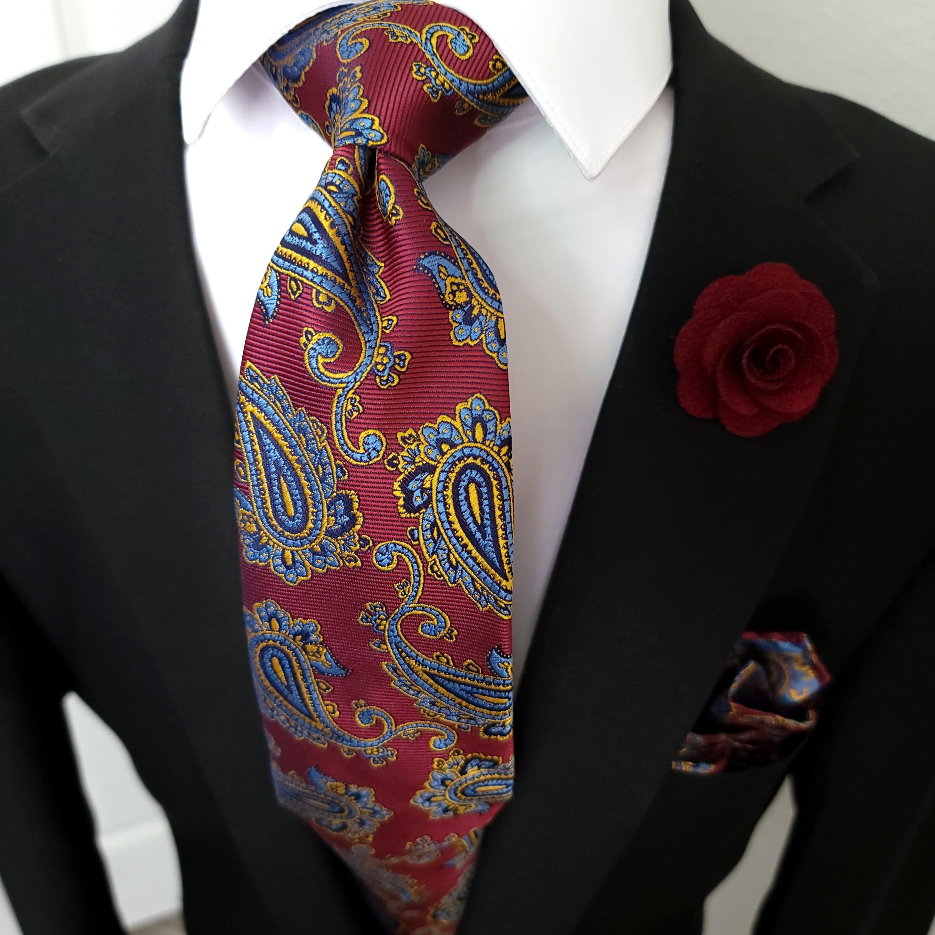 Burgundy Blue Paisley Silk Tie Pocket Square Cufflink Set - STYLETIE