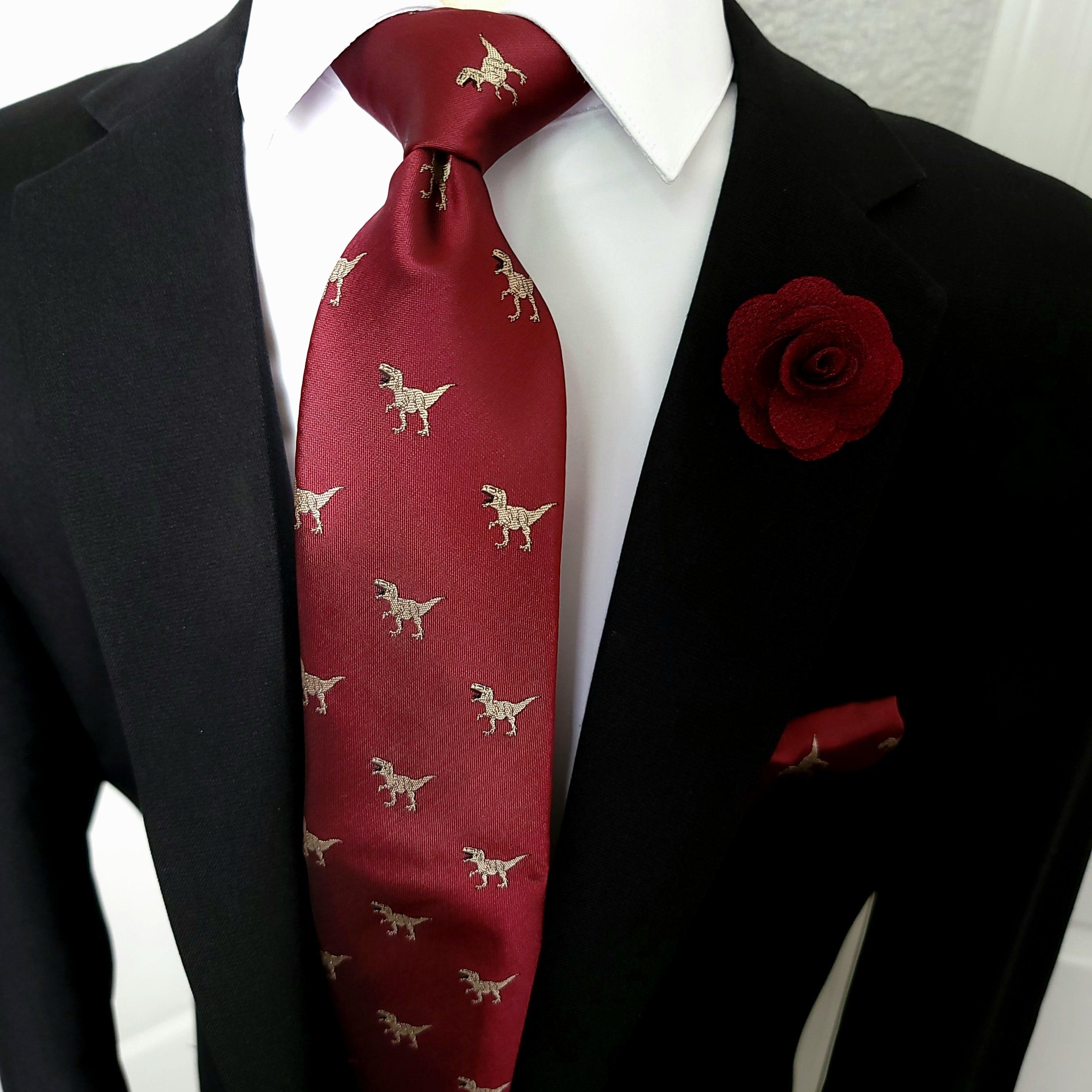 Burgundy Dinosaur Silk Tie Pocket Square Cufflinks Set - STYLETIE