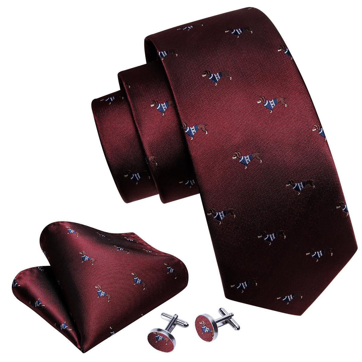 Burgundy Dog Print Silk Tie Pocket Square Cufflink Set - STYLETIE