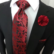 Burgundy Floral Silk Tie Set of Pocket Square and Cufflinks - STYLETIE
