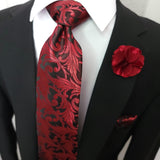 Burgundy Floral Silk Tie Set of Pocket Square and Cufflinks