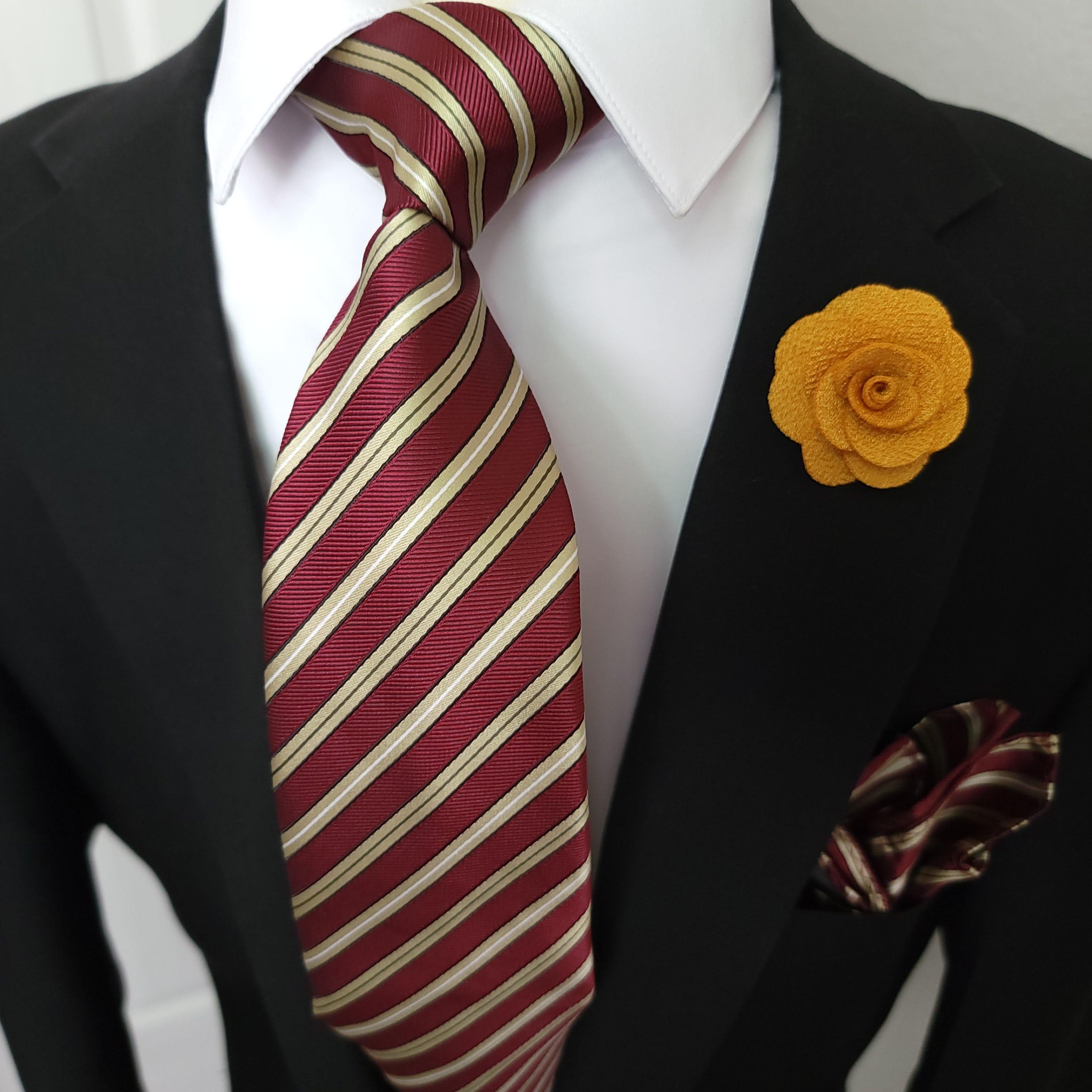 Burgundy Gold Stripe Silk Tie Pocket Square Cufflink Set - STYLETIE