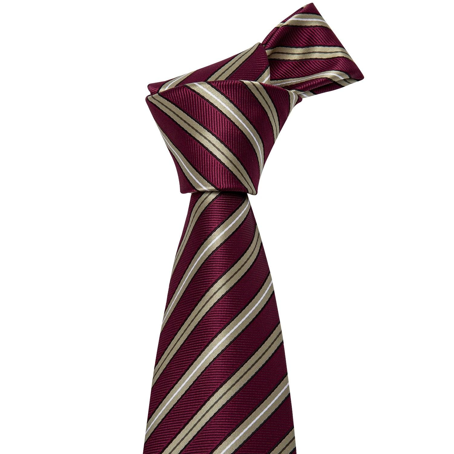 Burgundy Gold Stripe Silk Tie Pocket Square Cufflink Set - STYLETIE