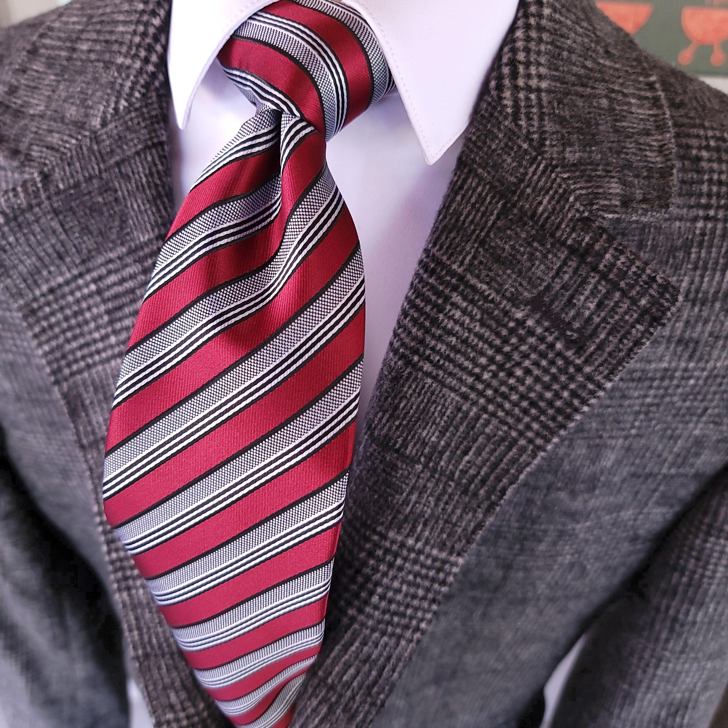 Burgundy Gray Striped Silk Tie Pocket Square Cufflink Set - STYLETIE