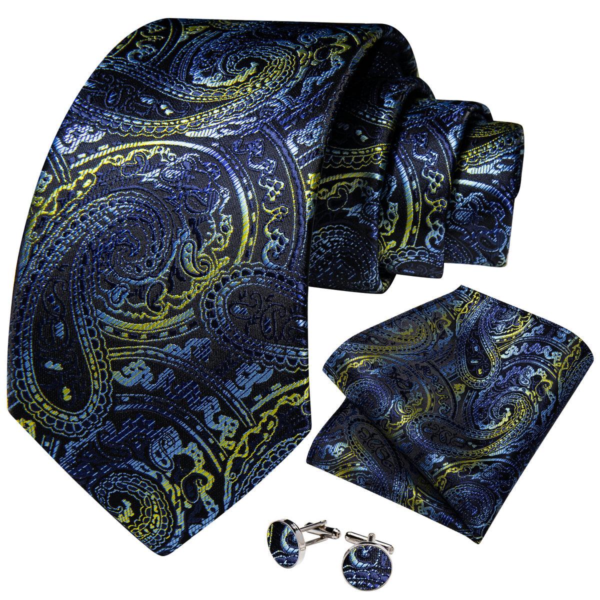Classic Blue Black Yellow Paisley Silk Tie Pocket Square Cufflink Set - STYLETIE
