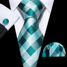 Cyan Blue White Plaid Silk Tie Pocket Square Cufflink Set - STYLETIE