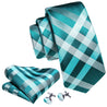 Cyan Blue White Plaid Silk Tie Pocket Square Cufflink Set - STYLETIE