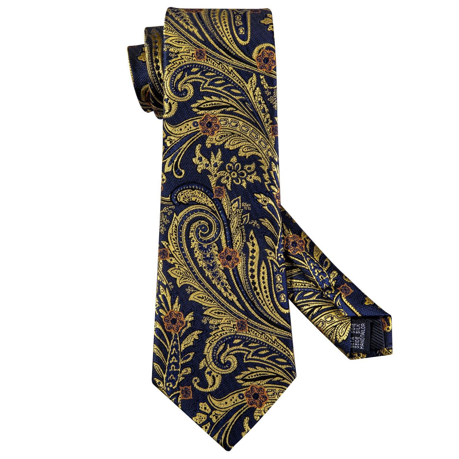 Black Gold Floral Silk Tie Pocket Square Cufflink Set - STYLETIE