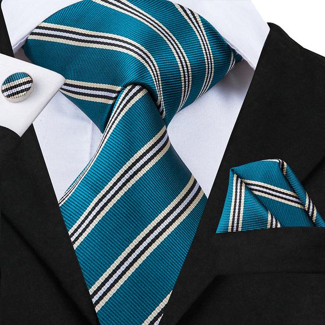 Dark Turquoise Striped Silk Tie Pocket Square Cufflink Set - STYLETIE