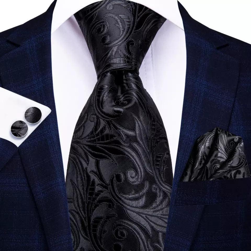 Extra Long Black Floral Tie Pocket Square Cufflink Set - STYLETIE