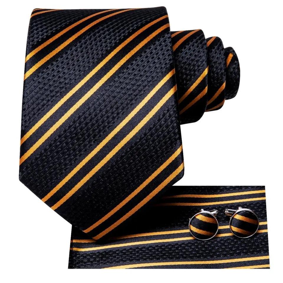 Extra Long Black Gold Stripe Tie Pocket Square Cufflink Set - STYLETIE