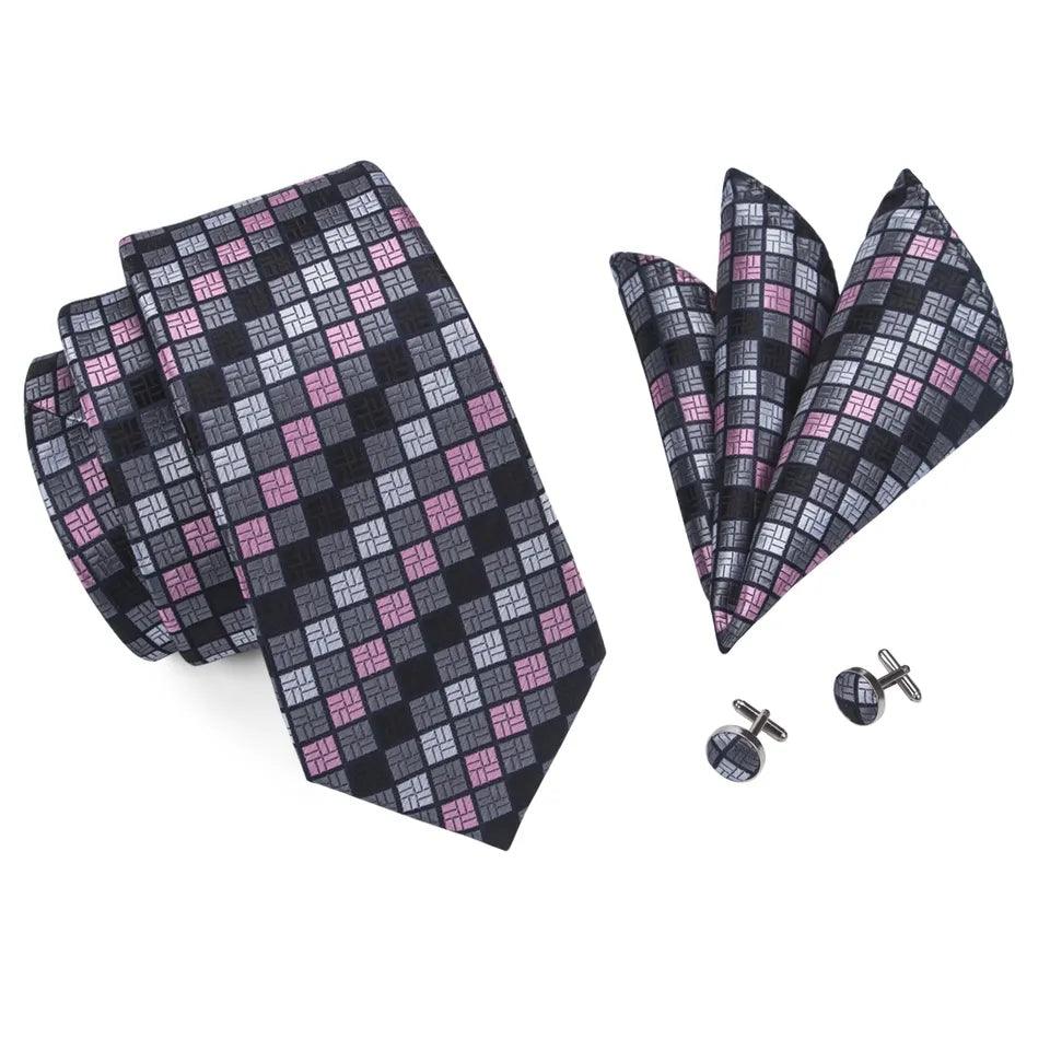 Extra Long Black Gray Pink Plaid Tie Pocket Square Cufflink Set - STYLETIE
