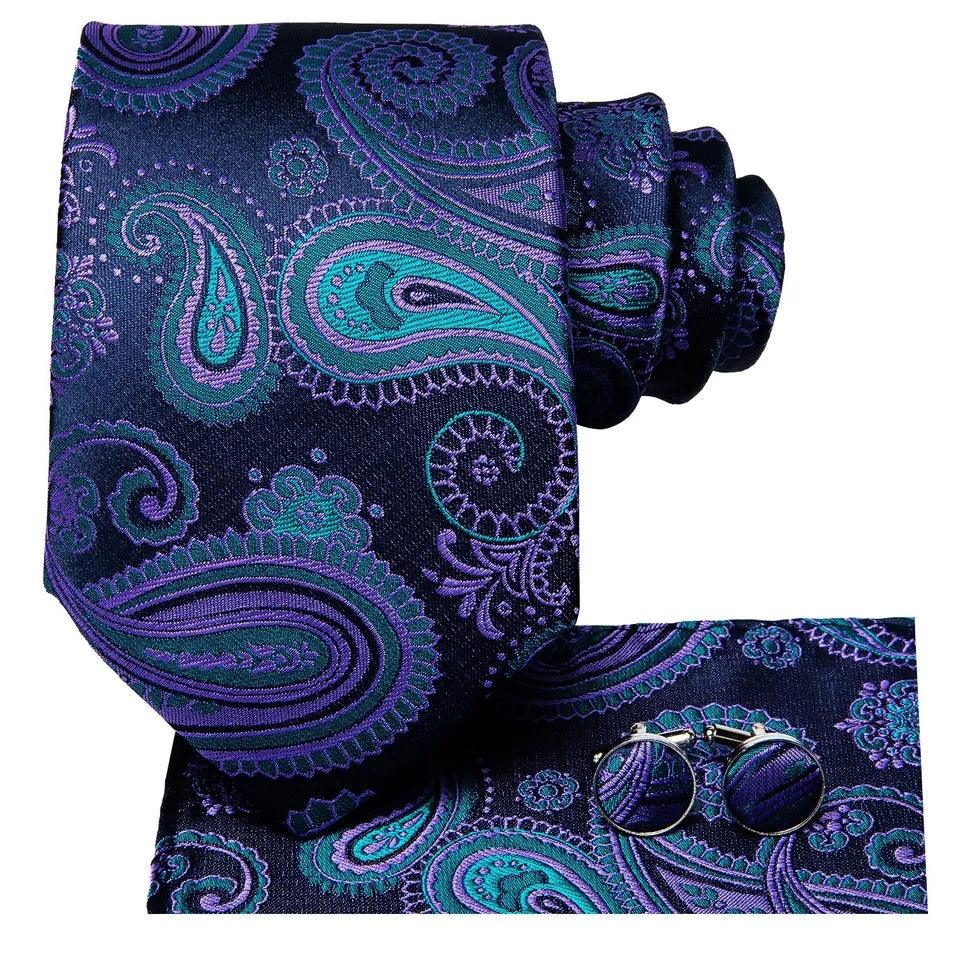 Extra Long Black Navy Blue Purple Paisley Tie Pocket Square Cufflink Set - STYLETIE