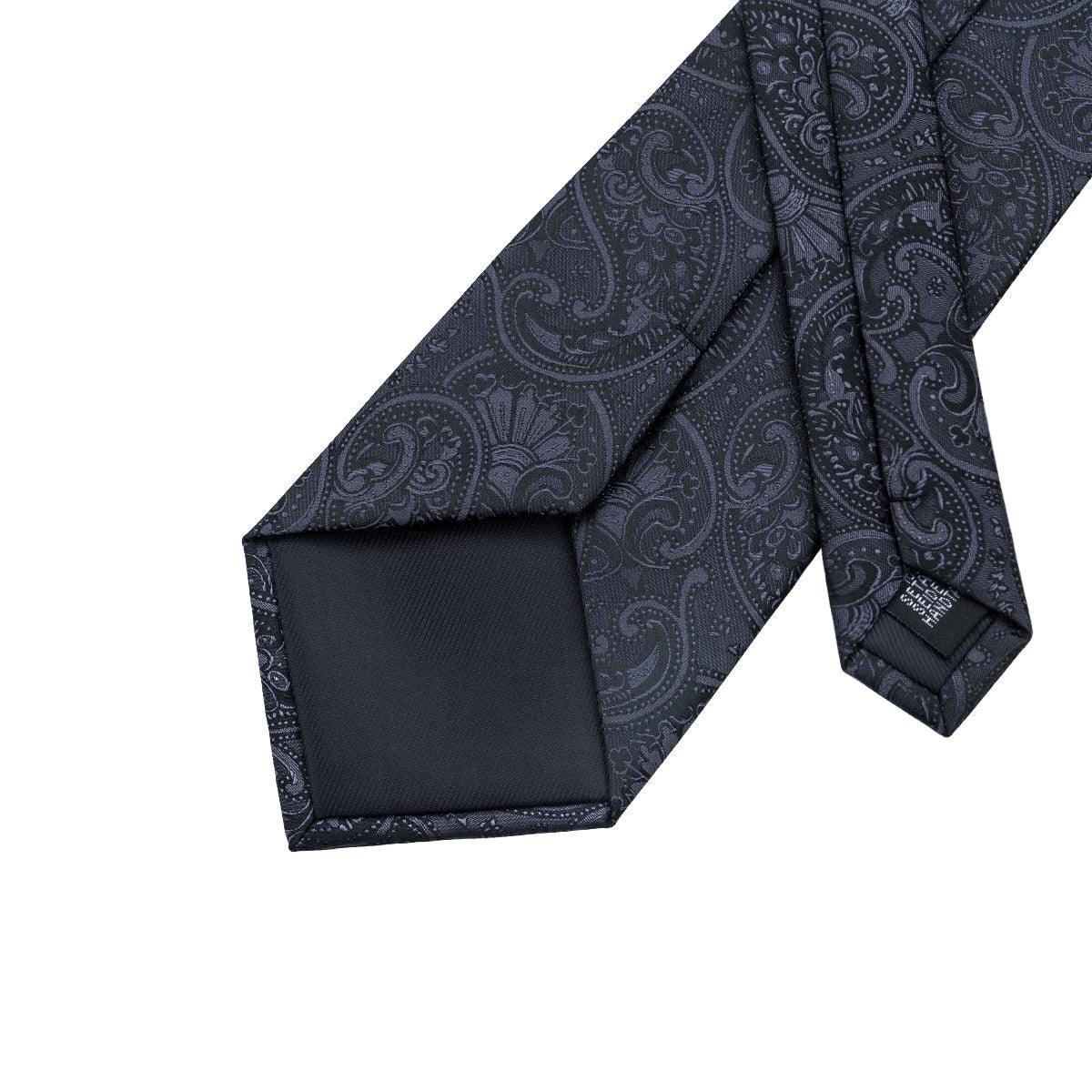 Extra Long Black Paisley Tie Pocket Square Cufflink Set - STYLETIE