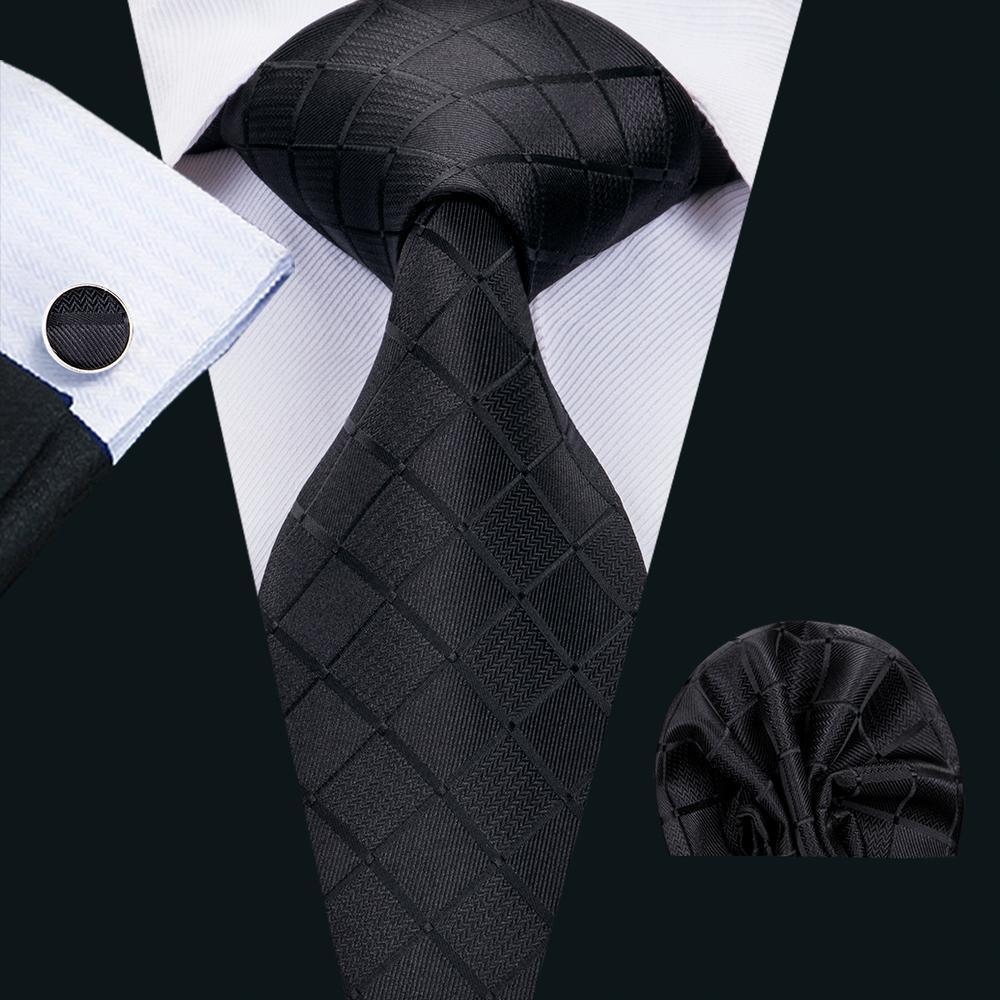 Extra Long Black Plaid Tie Pocket Square Cufflink Set - STYLETIE