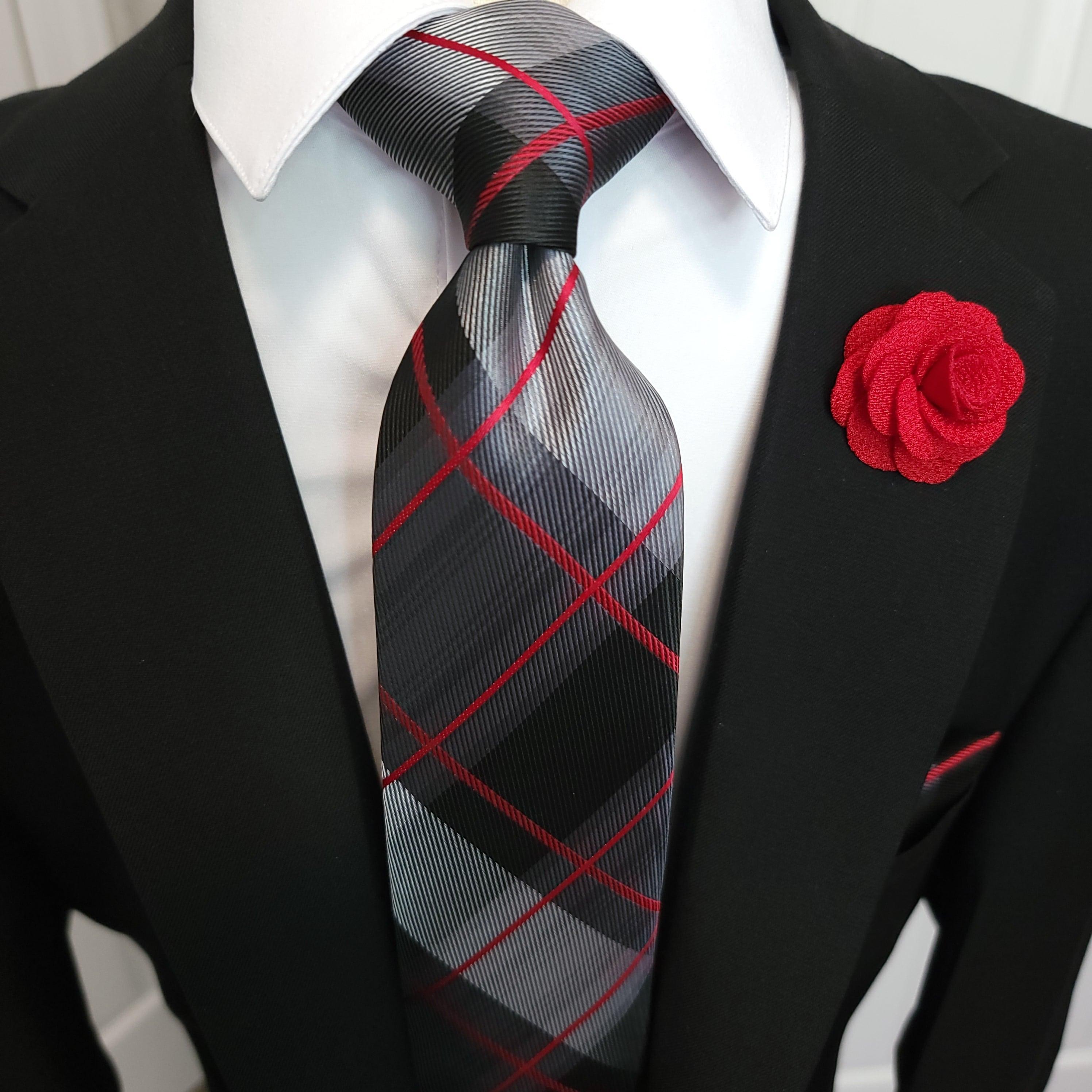 Extra Long Black Red Plaid Tie Pocket Square Cufflink Set - STYLETIE