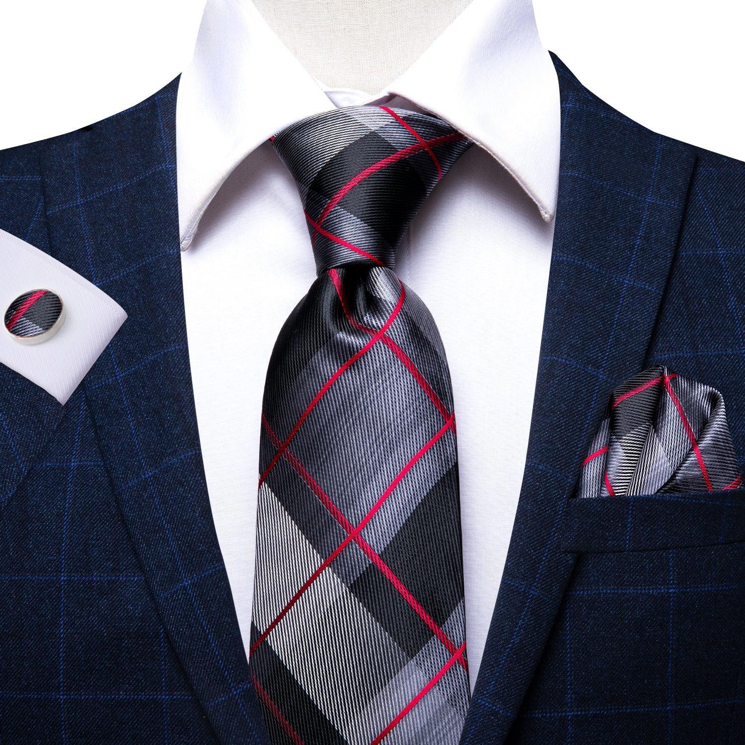 Extra Long Black Red Plaid Tie Pocket Square Cufflink Set - STYLETIE