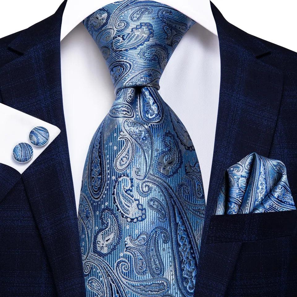 Extra Long Blue Paisley Tie Pocket Square Cufflink Set - STYLETIE