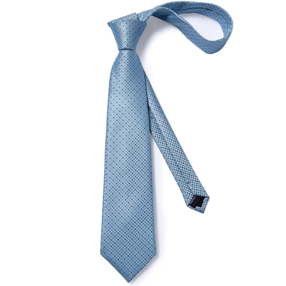Extra Long Blue Plaid Polka Dot Tie Pocket Square Cufflink Set - STYLETIE