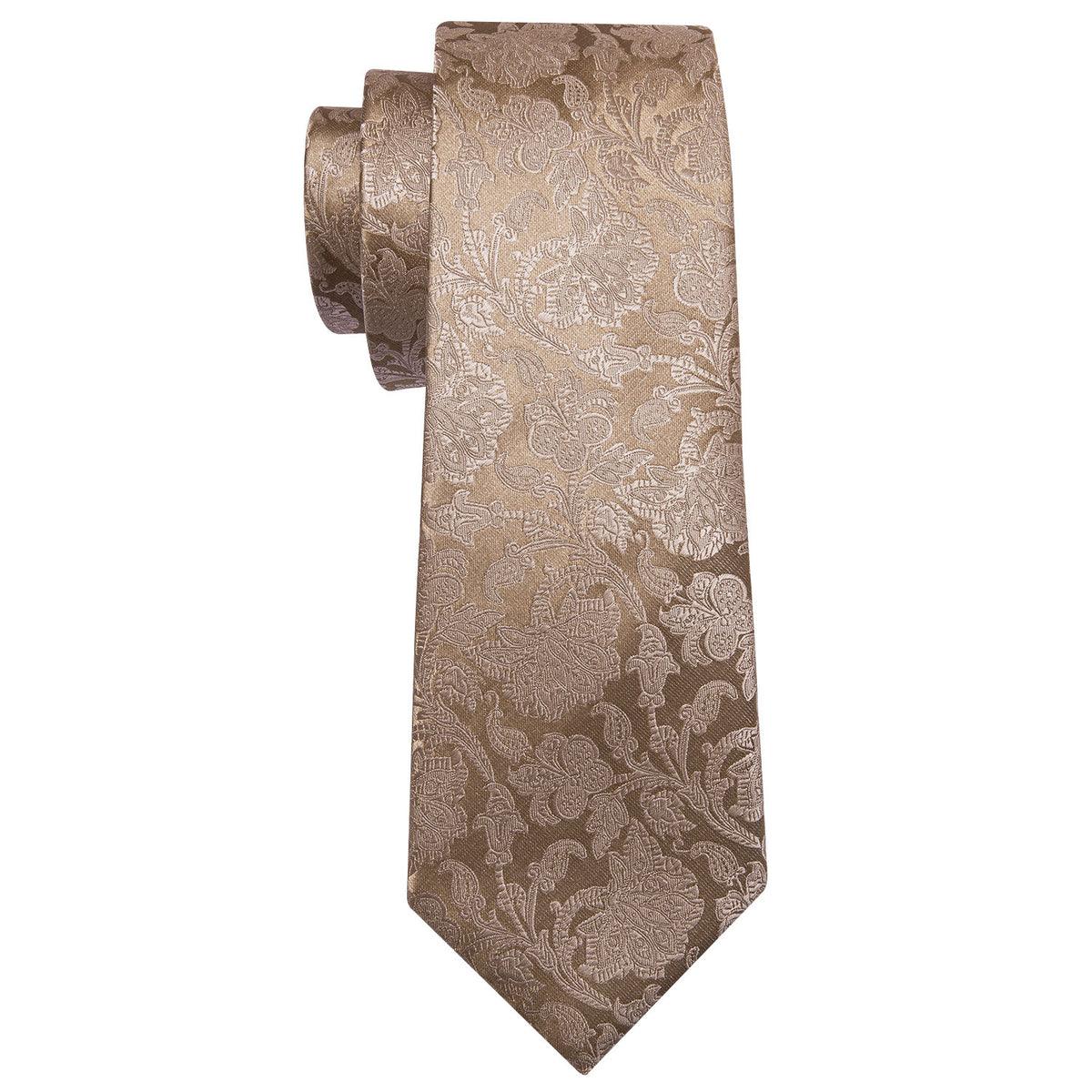 Extra Long Gold Floral Tie Pocket Square Cufflink Set - STYLETIE