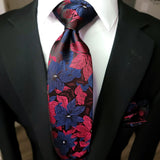 Extra Long Navy Blue Burgundy Floral Tie Pocket Square Cufflink Set