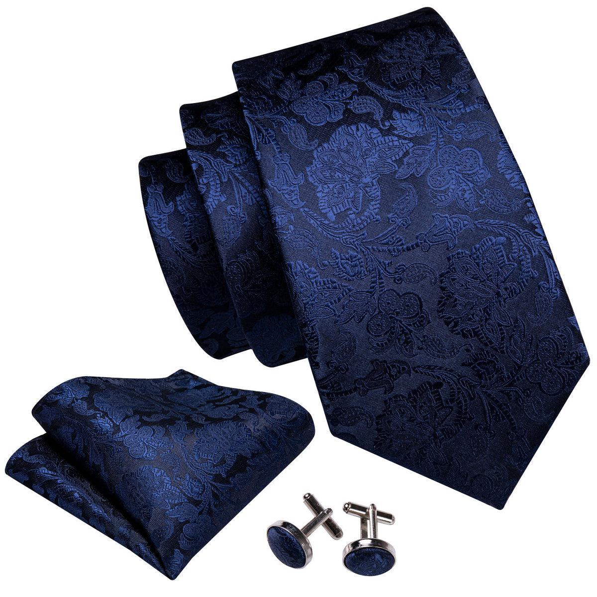 Extra Long Navy Blue Floral Tie Pocket Square Cufflink Set - STYLETIE