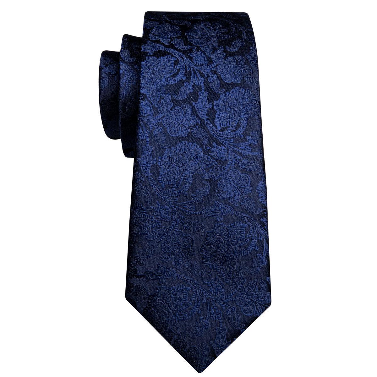 Extra Long Navy Blue Floral Tie Pocket Square Cufflink Set - STYLETIE