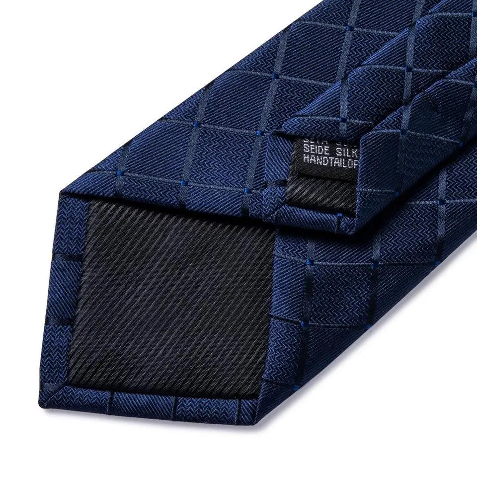Extra Long Navy Blue Plaid Tie Pocket Square Cufflink Set - STYLETIE