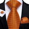Extra Long Orange Plaid Tie Pocket Square Cufflink Set - STYLETIE