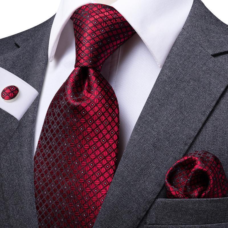 Extra Long Red Geometric Tie Pocket Square Cufflink Set – STYLETIE
