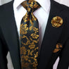 Floral Gold Black Silk Tie Pocket Square Cufflinks Set - STYLETIE