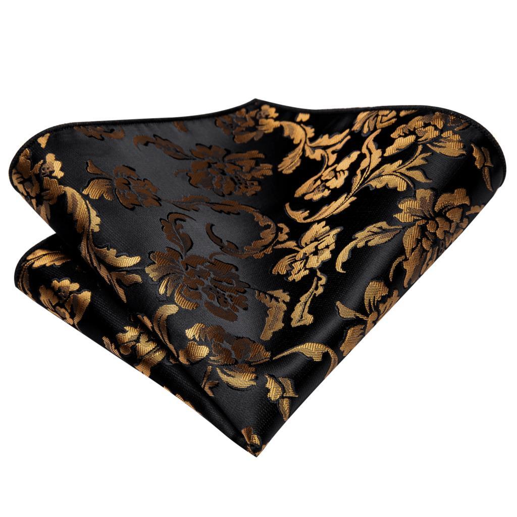 Floral Gold Black Silk Tie Pocket Square Cufflinks Set - STYLETIE