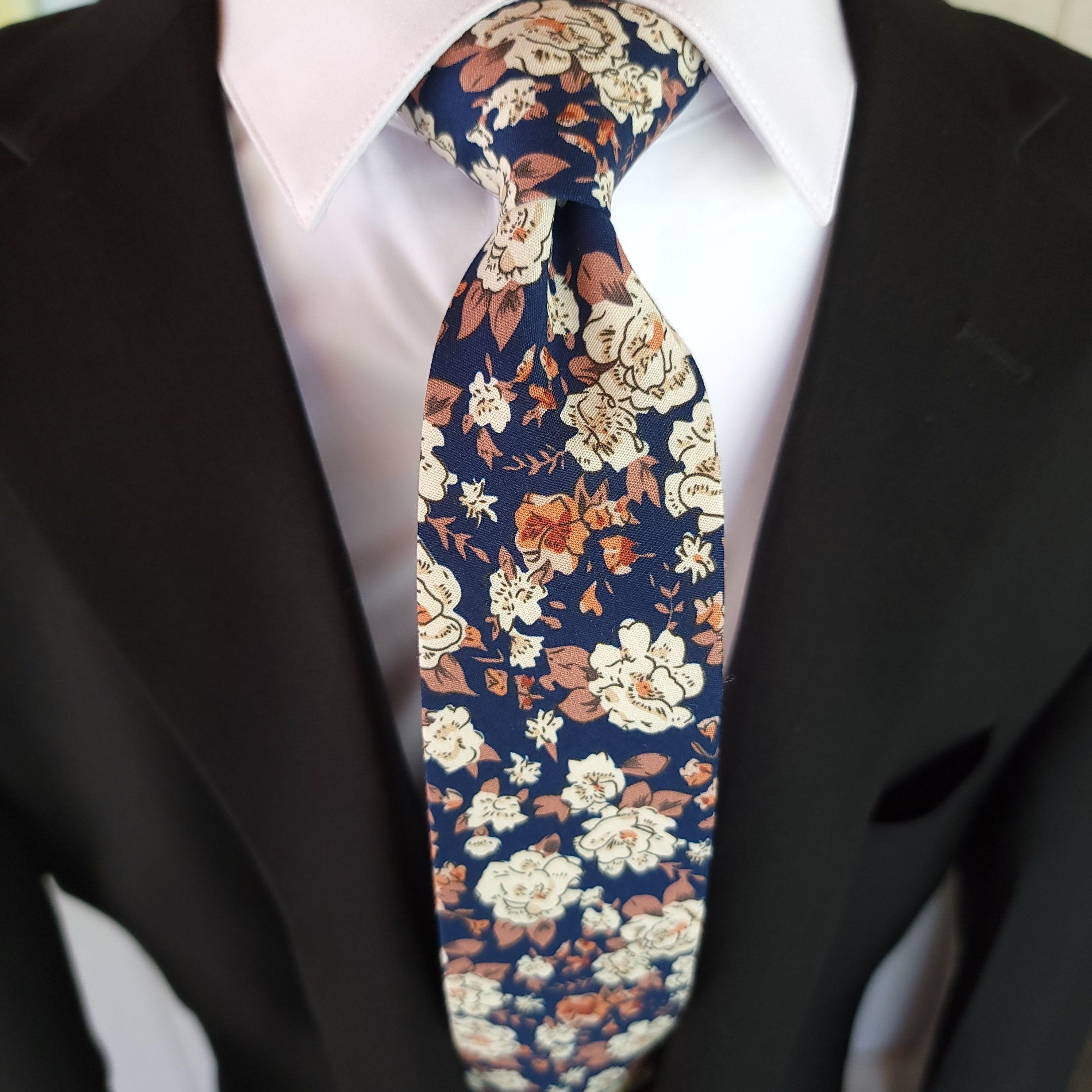 Floral Khaki Navy Blue Slim Tie - STYLETIE