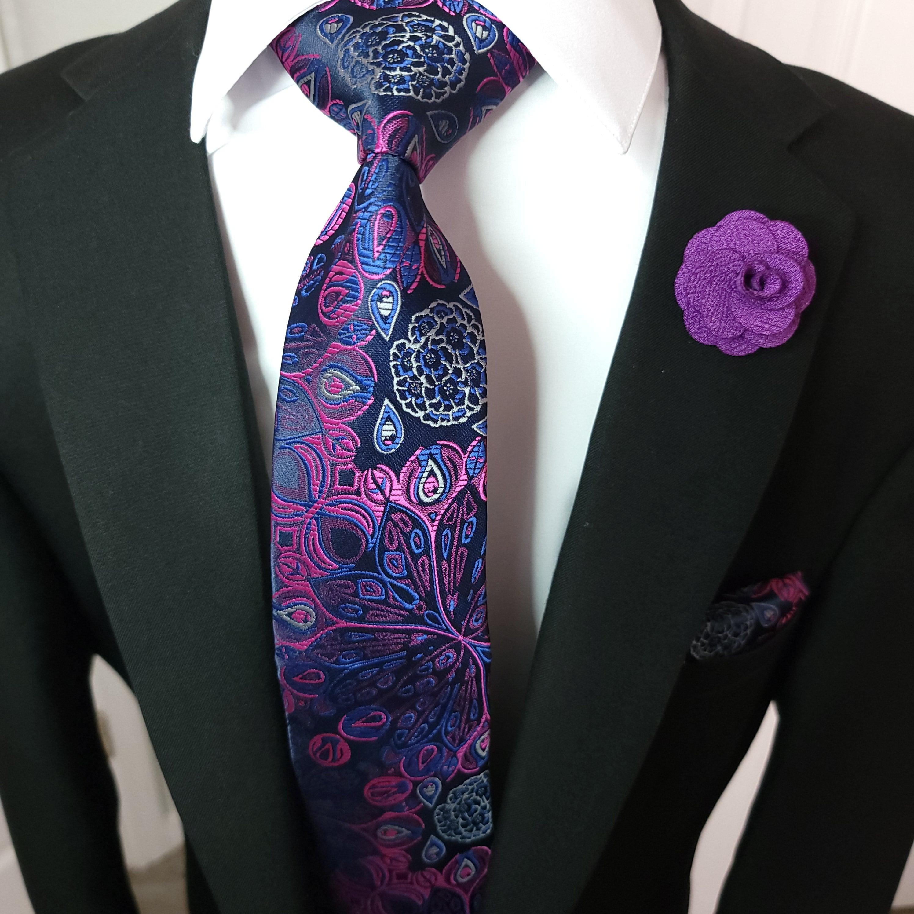 Floral Purple Silk Tie Pocket Square Cufflinks Set - STYLETIE