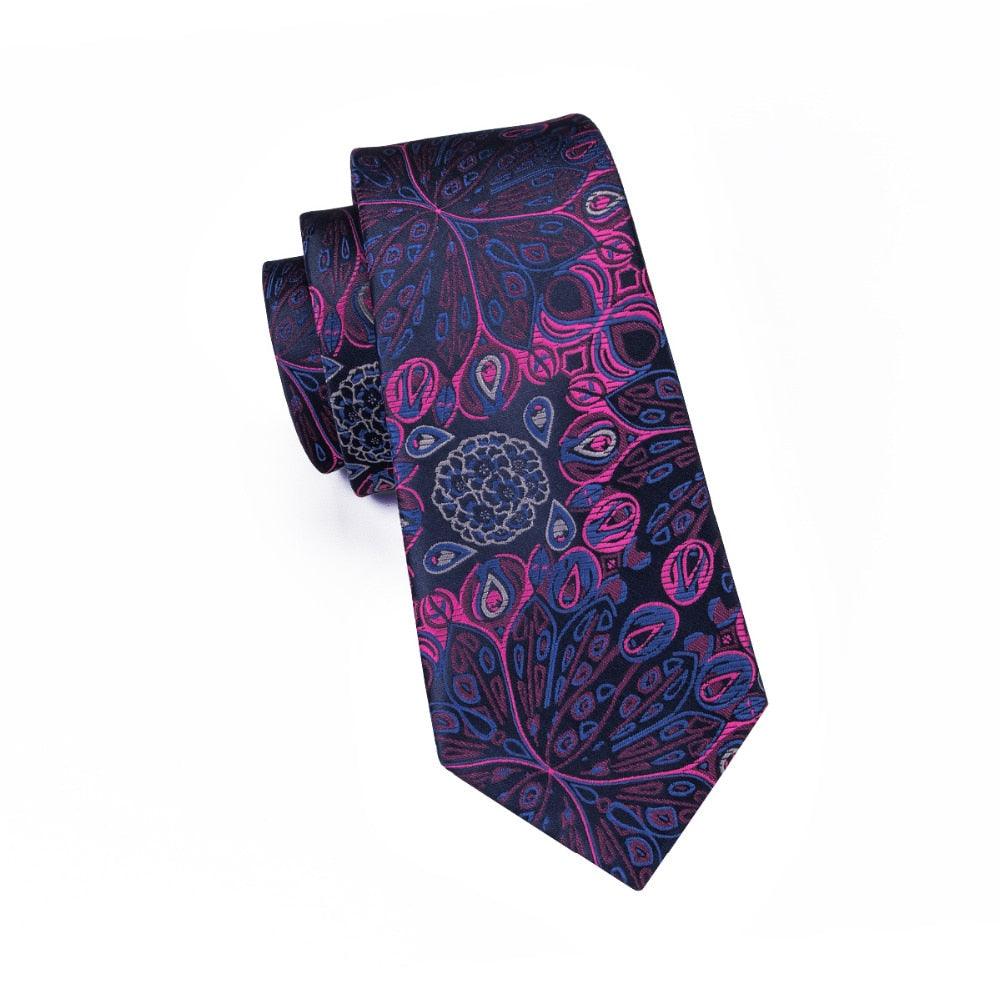 Floral Purple Silk Tie Pocket Square Cufflinks Set - STYLETIE