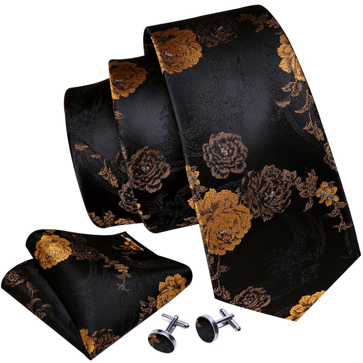 Gold Black Floral Silk Tie Pocket Square Cufflink Set - STYLETIE